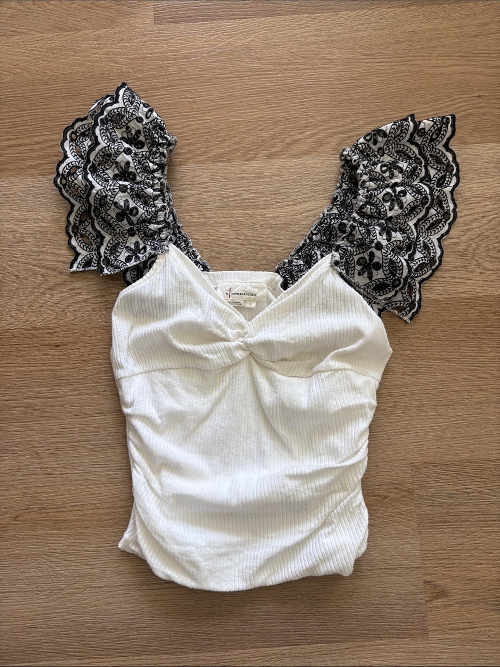 Anthropologie White Ribbed Camisole with Black Lace Flutter Sleeves